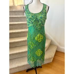 Vintage Y2K Sangria Green Block Print Floral Sleeveless Slip Dress Fairy Goddess